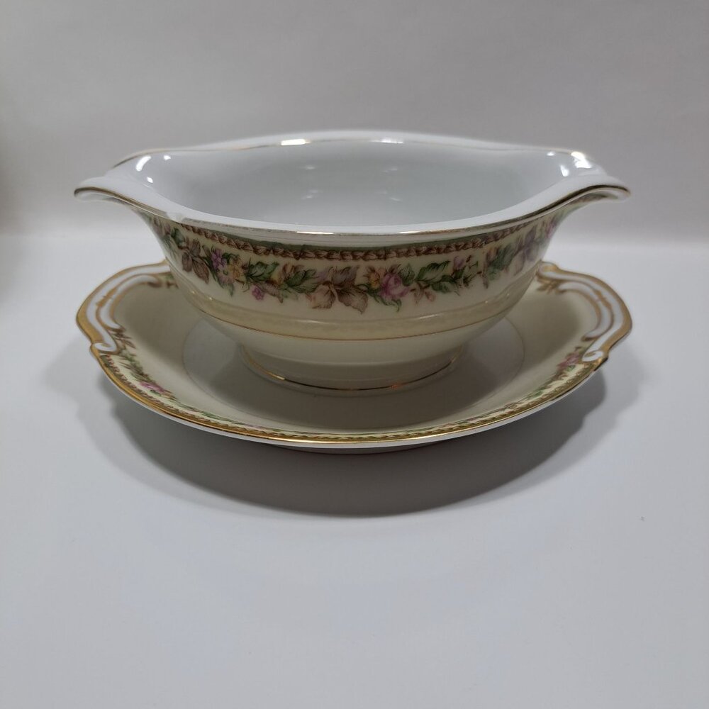 Noritake Gravy Boat & Attached Underplate Occupied Japan Floral Design Vintage